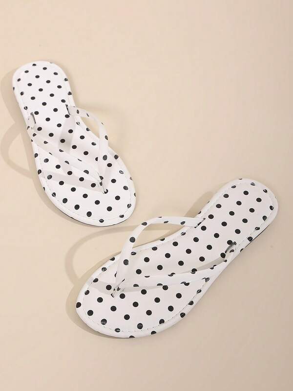 Women's Flip Flops, Round Toe Design White Sandals With Polka Dot Pattern, Flat Slip-On Comfortable Beach Slippers Suitable For Beach, Vacation, Home, Gatherings And Various Occasions