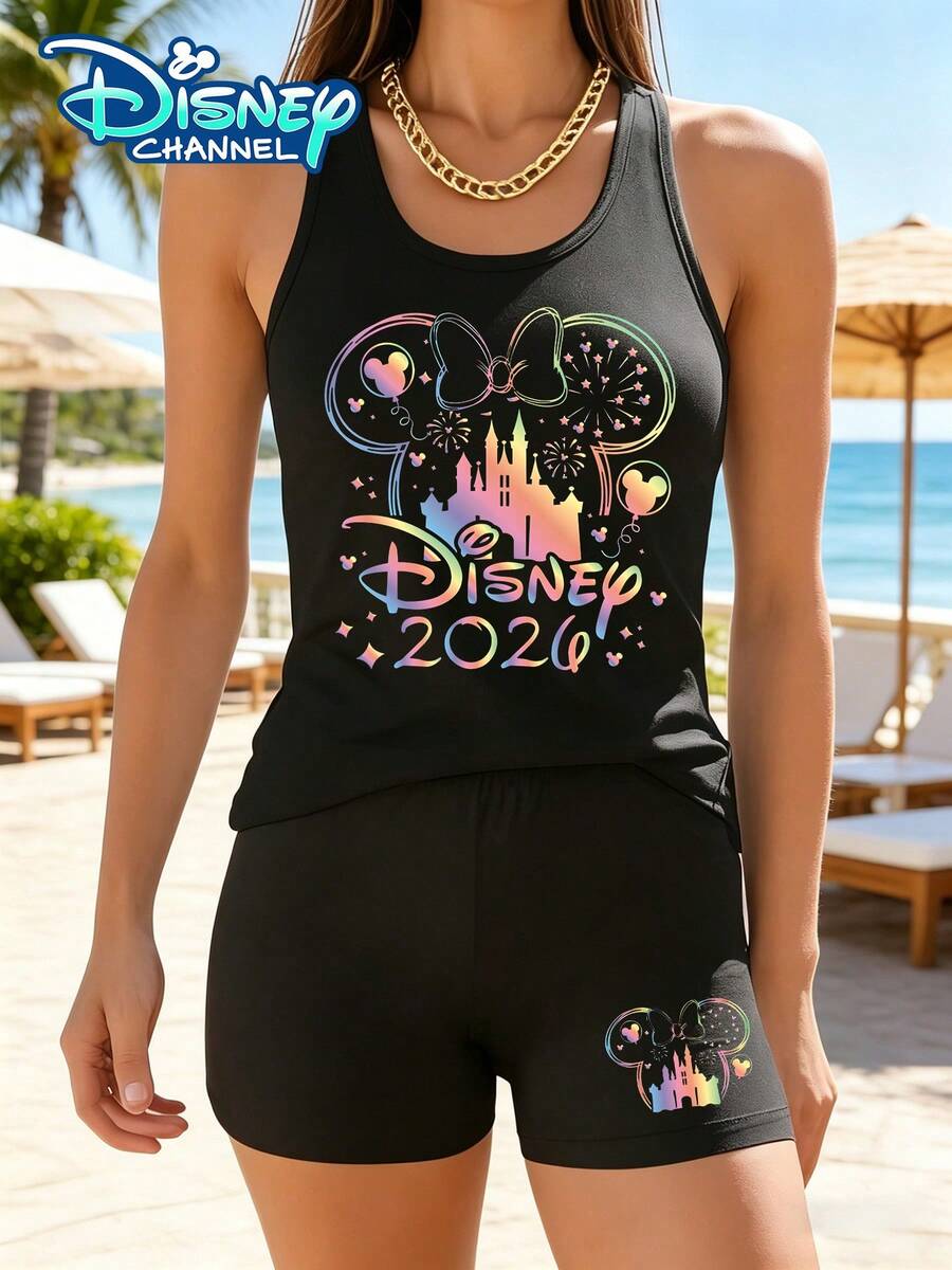 Disney Official Authorization | Vacation Outfits Women Tank Top & Yoga Pants Set. Featuring A Mickey Mouse Head Silhouette, Combined With 2026 Rainbow Castle, Fireworks And Balloon Elements. The Fabric Is Soft And Breathable, Making It Perfect For Vacations, Outings And Daily Casual Wear. - màu đen - Xem 1