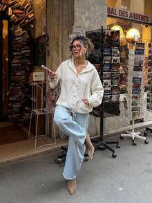 Casual Loose Hooded Long Sleeve Solid Color Drawstring Women's Regular Jacket, Suitable For Daily, School, And Dates In Spring And Autumn - White - View 4