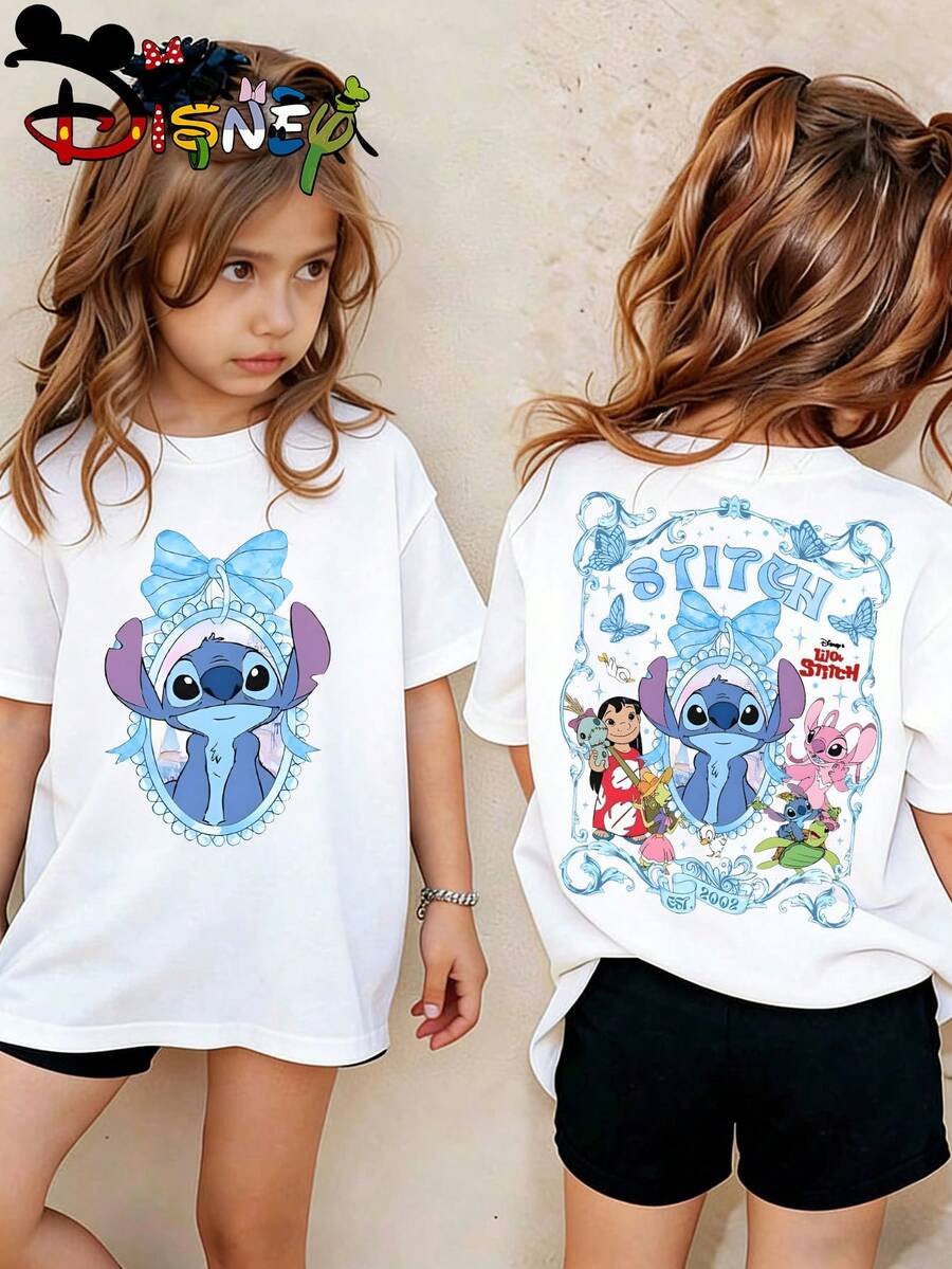 Disney Licensed Lilo & Stitch Bow Frame Double-Sided Print Kids' T-Shirt, Cute Cartoon Casual Tee, Perfect For Daily Wear, School Activities, Family Outings And Theme Park Trips, Shipped From Local Warehouse - 白色 - 查看 1