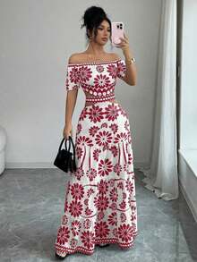 de moda con estampado floral, hombros descubiertos, manga corta y cintura hueca - Rojo y blanco - Ver 5