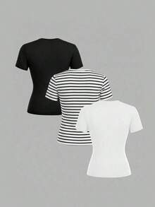 Set de 3 camisetas de mujer de cuello redondo de ajuste ceñido, 95% algodón, en negro, blanco y gris, aptas para todas las estaciones, interior y exterior, con estilo vintage y lindo para verano, para salidas de verano, hogar, vuelta al cole, otoño - Multicolor 3 - Ver 2