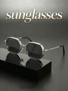 Unisex Fashion Polygonal Metal Thick-Rimmed Hollow Design Sunglasses, Minimalist Elegant Frame For Daily, Commute, Driving, Business, UV400 Lenses - Multicolor - View 1