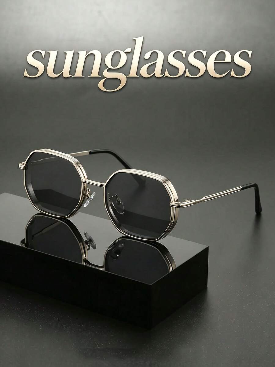 Unisex Fashion Polygonal Metal Thick-Rimmed Hollow Design Sunglasses, Minimalist Elegant Frame For Daily, Commute, Driving, Business, UV400 Lenses - Multicolor - View 1