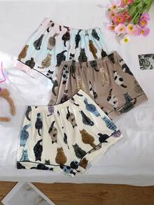 3 chiếc quần short nữ mùa hè nhẹ, cạp chun, kiểu dáng thường ngày, phù hợp cho mọi mùa, đi nghỉ mát, dự tiệc, đi biển, mặc ở nhà, dáng rộng thoải mái, họa tiết mèo thường ngày. - Nhiều màu - Xem 2