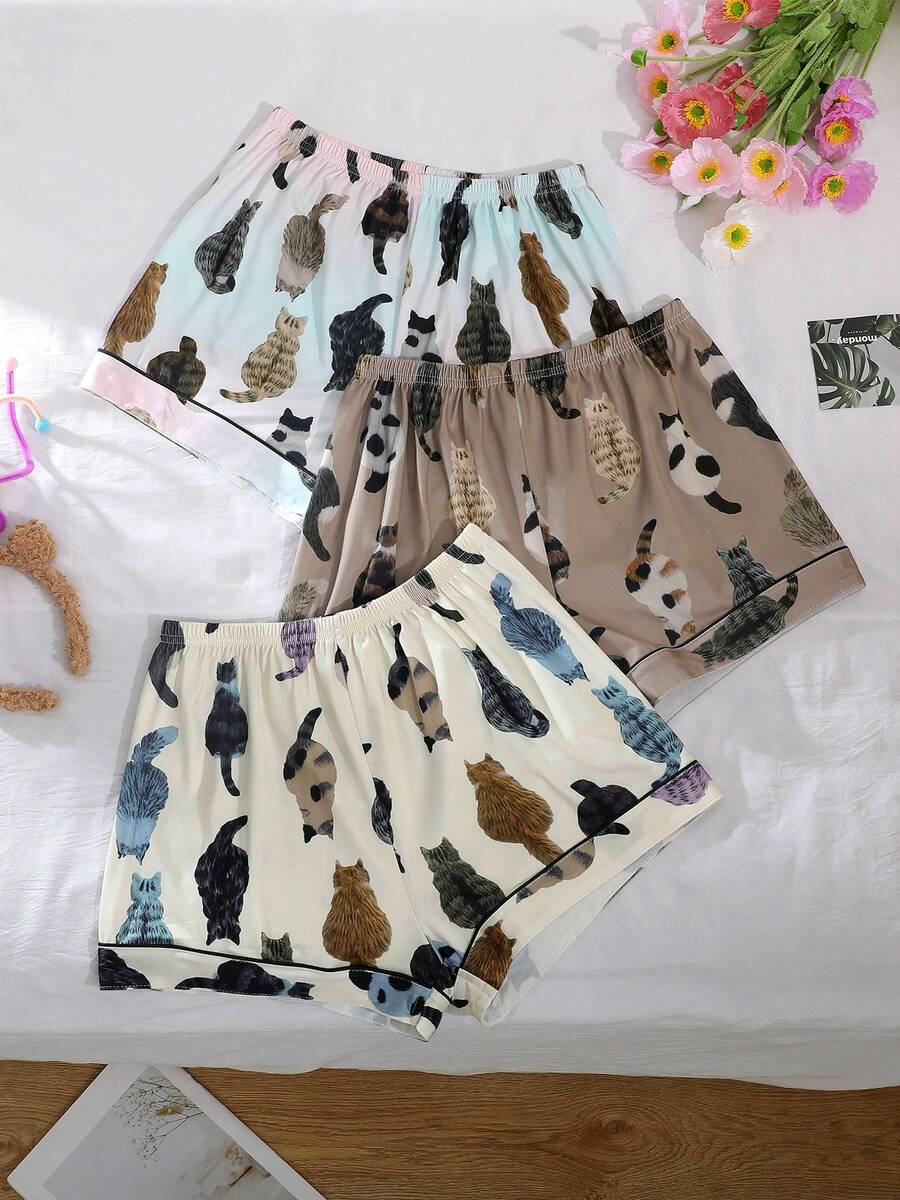 3 chiếc quần short nữ mùa hè nhẹ, cạp chun, kiểu dáng thường ngày, phù hợp cho mọi mùa, đi nghỉ mát, dự tiệc, đi biển, mặc ở nhà, dáng rộng thoải mái, họa tiết mèo thường ngày.