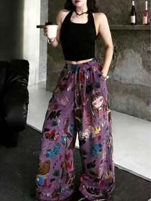 anchos de mujer con estampado de dibujos animados, pantalones casuales sueltos de primavera - Morado - Ver 6