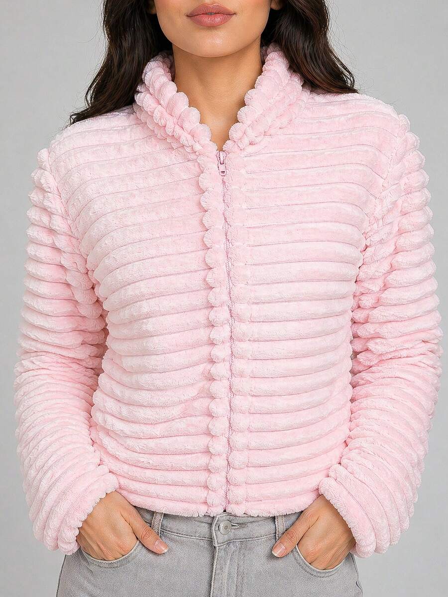 Teddy Coat / Fleece Jacket / Ribbed Fleece Jacket - Rosa Pálido - Ver 1