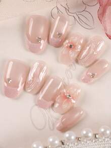 10 piezas Uñas postizas Suministros para uñas postizas Uñas postizas de estilo francés con ojo de gato rosa, diamante flash, flor, uñas cortas Uñas falsas Kit de uñas artificiales que incluye 1 hoja de pegatinas adhesivas y 1 lima pequeña - Multicolor - Ver 3