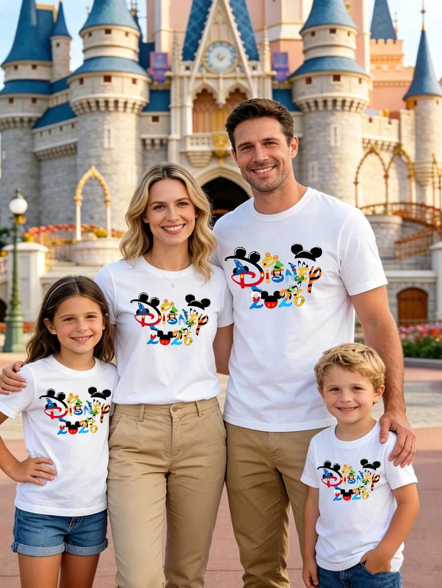 Disney 2026 Family Matching Shirts, Mickey & Friends Colorful Letter T-Shirts, Cute Outfits For Disneyland Vacation - 男 - 查看 1