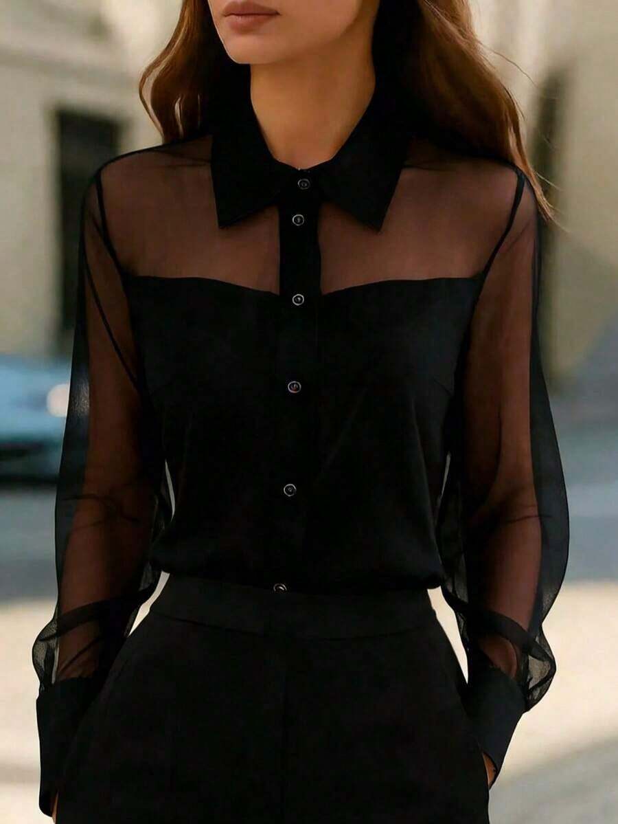 1 pieza Blusa elegante de mujer con parches de malla, adecuada para salidas diarias, ir al trabajo y atuendos de aeropuerto - Negro - Ver 1