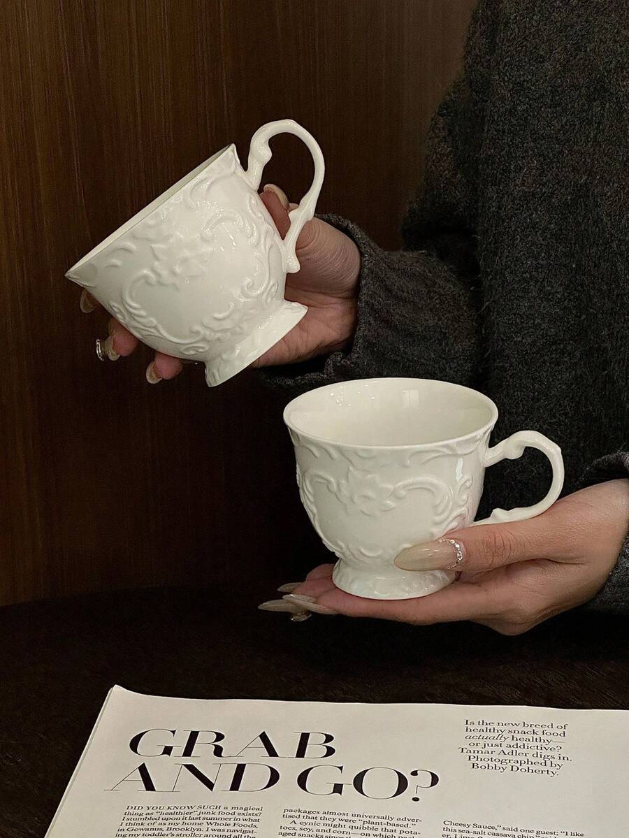 1pc French Ins Style Embossed Ceramic Coffee Cup, High-Quality Latte Cup For Cappuccino, Latte, Tea, Hot/Cold Drinks, Coffee, Juice, Milkshake, Afternoon Tea, Suitable For Living Room, Bedroom, Wedding, Mother's Day, Holiday Gifts - Multicolor - View 1