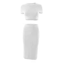 Conjuntos de vestidos para mujer, Tops cortos de manga corta y falda a media pantorrilla, conjunto de 2 uds, trajes ajustados de oficina para mujer, ropa de verano QX2413 - Rosa Roja - Ver 3