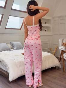 Bộ đồ ngủ nữ 2 món, áo hai dây kẻ sọc phối nơ và quần ống rộng xẻ gấu, đồ ngủ ren, bộ đồ ngủ dễ thương, bộ đồ ngủ có nơ, trang phục mùa hè cho nữ. - Nhiều màu - Xem 2