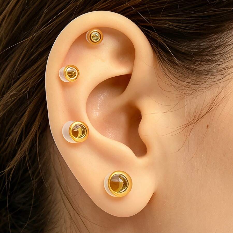 1 Cặp khuyên tai và ống nong tai bằng thủy tinh màu hổ phách có vòng silicon, kiểu loe đơn 14G, độ dày 1.6mm-16mm, thẳng, trong suốt, dạng thanh tạ, dùng để nong tai, thích hợp cho da mới nong và da nhạy cảm.