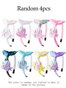 4pcs/Set Mermaid Sequin Headbands - Cute Cartoon Mermaid Sequin Headbands, Butterfly Design Hair Clips, Mermaid Hair Accessories Suitable For Parties, Side Clips Suitable For Daily Wear And Stage Performance, 1/4 Pieces Set - Multicolor - View 11