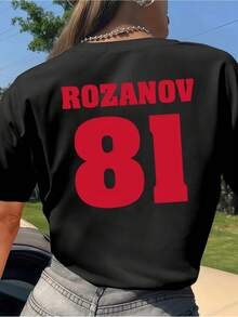 T-shirt d'été pour femme, col rond, coupe ajustée, imprimé recto-verso, motif Sagittaire, hockey sur glace, Rozanov n° 81, printemps/été. - Noir - Voir 3