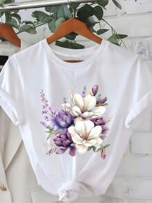 Women's Short-Sleeved Cotton T-Shirt, Purple Floral Print With Bouquet Of Flowers, Fashionable Casual Style, Summer Slim Fit, Round Neck, Affordable Women's T-Shirt. - 白色 - 查看 6