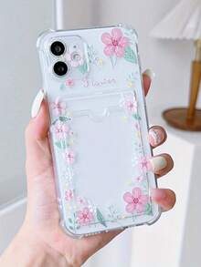 Transparent Pink Flower Wreath Card Slot Phone Case, Suitable For IPhone, Galaxy, Honor, And Other Models, Transparent Wallet-Style Silicone Back Cover, Shock-Proof, Waterproof, Anti-Fall, Anti-Scratch - Multicolor - View 1