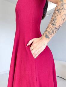 Long, Flared Dress, 100% Cotton, With Pocket And Slit. - 紅木色 - 查看 3