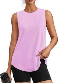 PINSPARK Workout Tops For Women Sleeveless Athletic Tank Tops UPF 50+ Running Tanks With Side Slits Loose Fit Gym Yoga Shirt - Light Pink - View 7