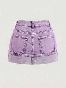 Minifalda de mezclilla casual de mujer con bloqueo de color lavado y parches - Morado - Ver 2