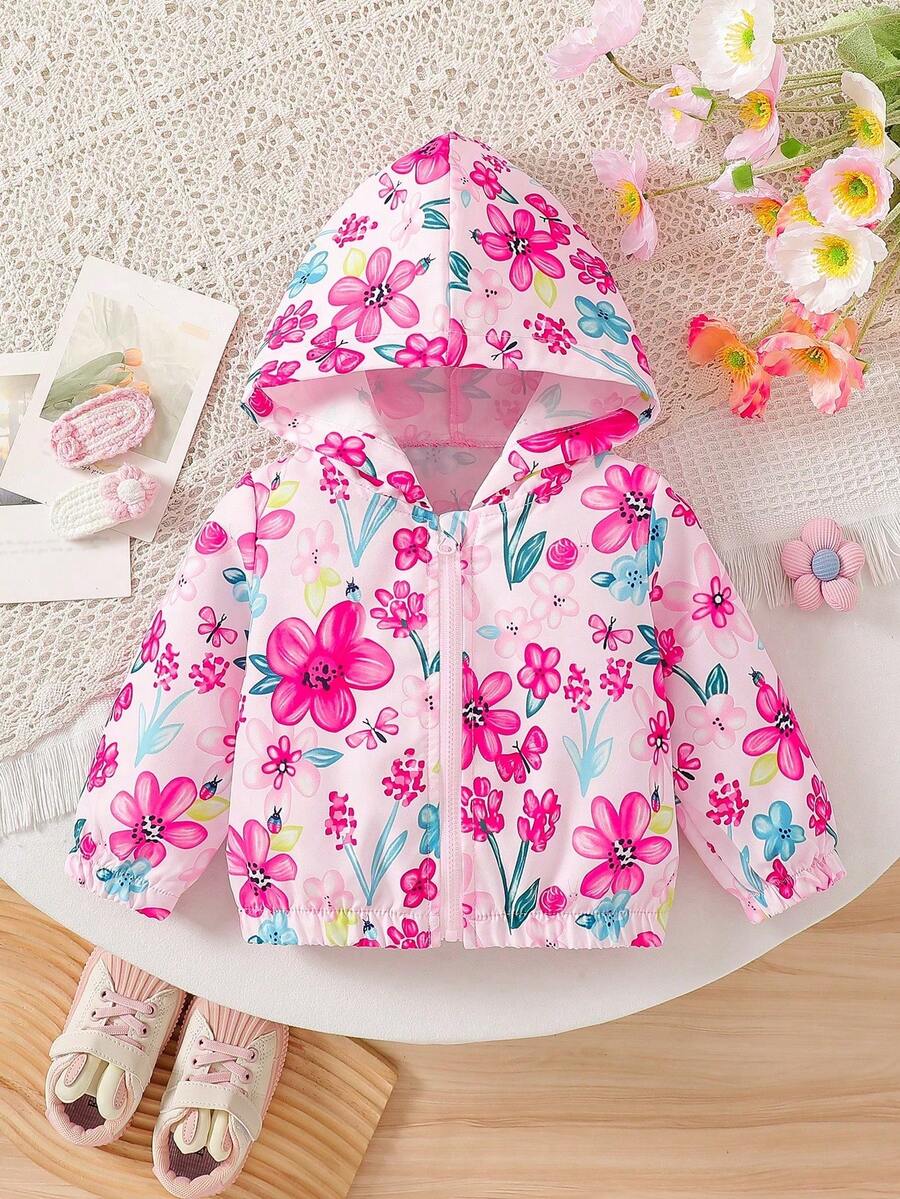Baby Girls' Cute Hooded Floral Print Lightweight Cardigan Jacket, Suitable For Everyday Outings, Spring/Autumn