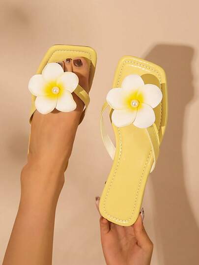 3D Floral Square Toe Sandals, Women's Summer Dopamine Color Flat One-Strap Beach Slippers, Vacation Casual Flip Flops