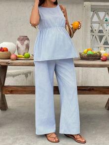 Conjunto de 2 piezas compuesto por top casual de cuello redondo sin mangas a rayas y pantalones holgados para embarazadas, ideal para el verano - Azul 2 - Ver 4