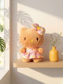 SANRIO 1个Hello Kitty毛绒娃娃，夏威夷黑猫菠萝印花连衣裙，可爱卡通人物，可收藏，适合儿童、女孩和粉丝，8英寸柔软毛绒玩具，带蝴蝶结 - 彩色 - 查看 2