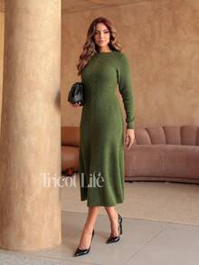 Women's Midi Dress In Mousse Knit, Long Sleeves With Braided Detail, Fitted Waist, Elegant, Winter, Premium, Casual, Party, Work, Travel - 軍綠色 - 查看 1