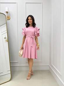 Short Midi Dress With Puff Sleeves, Ruffles, Layers, Party Skirt, Elegant, Evangelical Style. - 淺粉色 - 查看 3