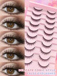 10 Pairs Super Thin Natural False Eyelashes, 1 Box, Fluffy Soft Thick 3D Faux Mink Lashes, Delicate Long Lashes, Messy Roots, Multi-Layer Fake Lashes, Short Dense Type For Daily, Date, Travel - Black - View 4