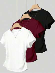 Set de 3 piezas de tops para mujer para exteriores, en color champán, marrón moca y negro, nuevas llegadas de verano, camiseta ajustada con pliegues, de moda y versátil, con estilo callejero fotogénico, imprescindible, de vuelta al colegio, que lla - Multicolor 18 - Ver 9
