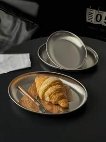 1pc Ins Style Stainless Steel Wavy Oval Tray, Retro Niche Dessert Plate, Minimalist Oval Plate, Suitable For Cafe, Cake, Afternoon Tea, Applicable To Restaurant, Living Room, Home, Wedding, Gathering, Party. Silver Color, Deep Dish, Oval Plate - Silver - View 9