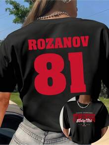 T-shirt d'été pour femme, col rond, coupe ajustée, imprimé recto-verso, motif Sagittaire, hockey sur glace, Rozanov n° 81, printemps/été. - Noir - Voir 1