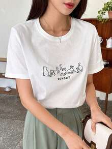 Camiseta con gráfico de dibujos animados y letras, estilo preppy - Blanco - Ver 9
