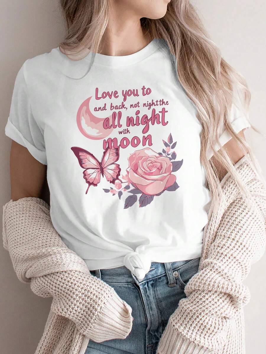 Summer Tops, Casual Sports T-Shirt For Women, Crew Neck T-Shirt, Moonlight Rose, Romantic Date Outfit, Valentine's Day Gift, Butterfly And Flower Pattern, Comfortable Cotton T-Shirt For All Seasons. - White - View 1