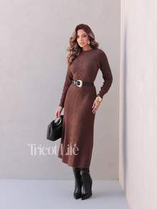 Women's Midi Dress In Mousse Knit, Long Sleeves With Braided Detail, Fitted Waist, Elegant, Winter, Premium, Casual, Party, Work, Travel - 咖啡棕色 - 查看 1