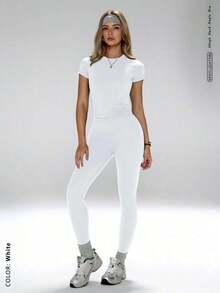 Conjunto de yoga para mujer, pantalones deportivos de cintura alta, conjunto deportivo moldeador de 2 piezas, conjunto de yoga que afina la cintura, camiseta de cuello redondo ajustada combinada con pantalones de yoga de cintura alta, conjunto esencial de 2 piezas para mujer en verano - Blanco - Ver 4