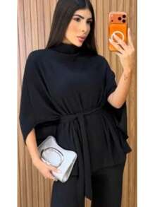 Women's Set: Batwing Sleeve Blouse, Wide-Leg Pants, And Belt - màu đen - Xem 2