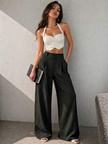 Women's Casual High Waist Wide Leg Pants With Pockets - Hitam - View 3
