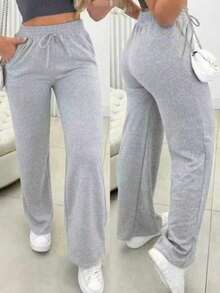 Women's Wide-Leg Wool Pants With Elastic Waistband And Pocket - Comfortable, Casual, And Stylish For Everyday Wear In Cold Winter - Grey - View 1