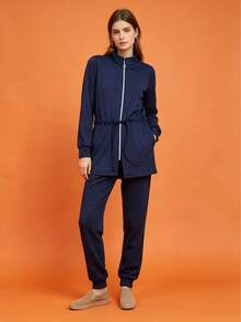 Women's Lisa Set, Stretchy Wool Fabric, Pants With Pockets. - Navy Blue - View 1