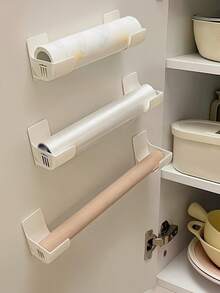 4pcs Plastic No-Drill Storage Racks, Refrigerator Side Organizer Racks, Can Hold Cling Wrap & Trash Bags, Cabinet Shelves - White - View 3
