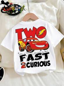 Disney Licensed Street Style Cars Lightning McQueen Art Print Kids' T-Shirt, Bold Cute Cartoon Graphic Tee With "Two Fast Two Curious" Slogan, Perfect For Everyday Wear, Casual Meetups, Themed Outings And Urban Street Style, Shipped From Local Warehouse - 白色 - 查看 2