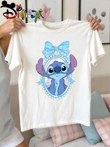 Disney Licensed Lilo & Stitch Bow Frame Double-Sided Print Kids' T-Shirt, Cute Cartoon Casual Tee, Perfect For Daily Wear, School Activities, Family Outings And Theme Park Trips, Shipped From Local Warehouse - 白色 - 查看 3