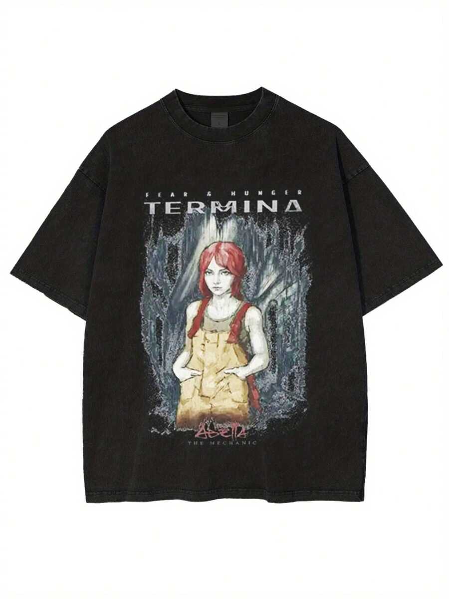 Casual T-shirt för män med rund hals, tillverkad av 100% ren bomull, lätt och luftig, bekväm för alla årstider, maskintvättbar. Designen har det konstnärliga trycket "Fear and Hunger", vilket gör den till ett trendigt fan-objekt för anime och gaming. - Svart - Visa 1