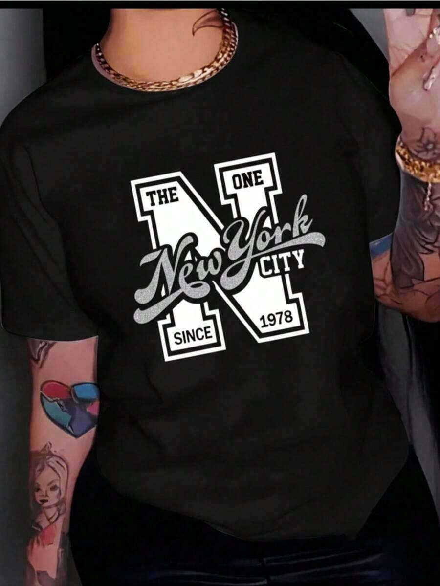 Women's Casual Polyester Graphic Print T-Shirt, Spring Daily Wear - Black - View 1