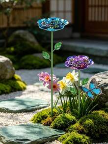蜜蜂饮水站，蝴蝶喂花器，户外蜜蜂饮水器，金属花园装饰，蜜蜂浴盆，花卉图案金属蜜蜂饮水器，彩色蝴蝶蜜蜂浴盆，适用于户外花园装饰 - B - 查看 5